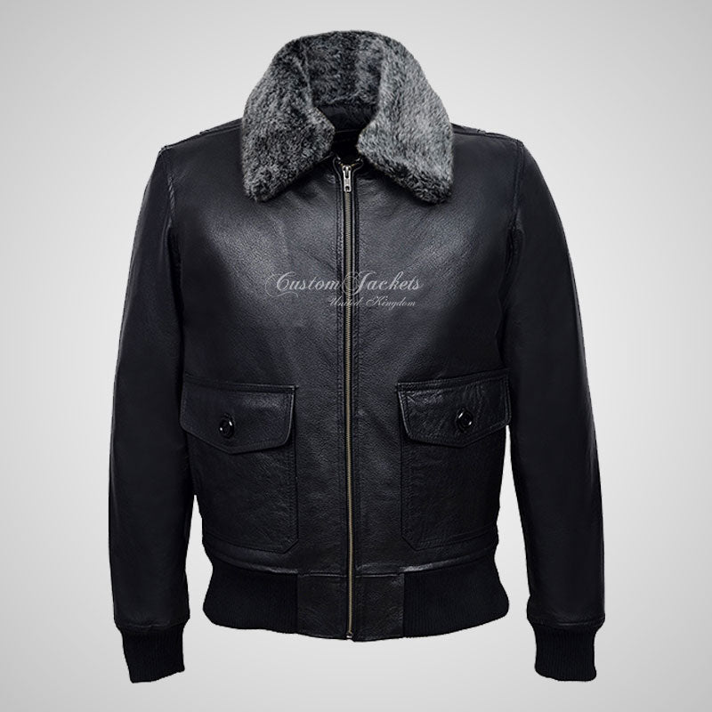 TOP GUN Men's Fur Collared Leather Bomber Jacket Black