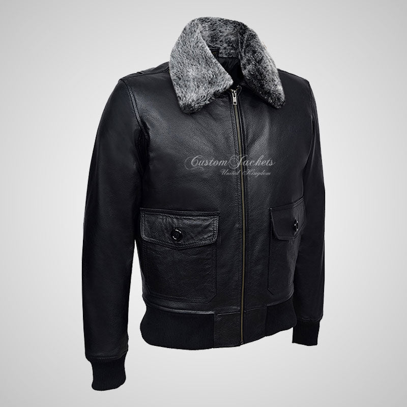 TOP GUN Men's Fur Collared Leather Bomber Jacket Black