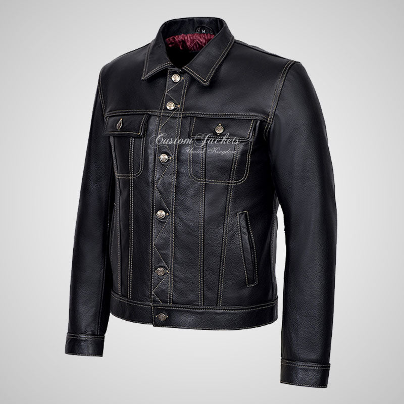 WEST Trucker Leather Jacket Cowhide Denim Biker Jacket