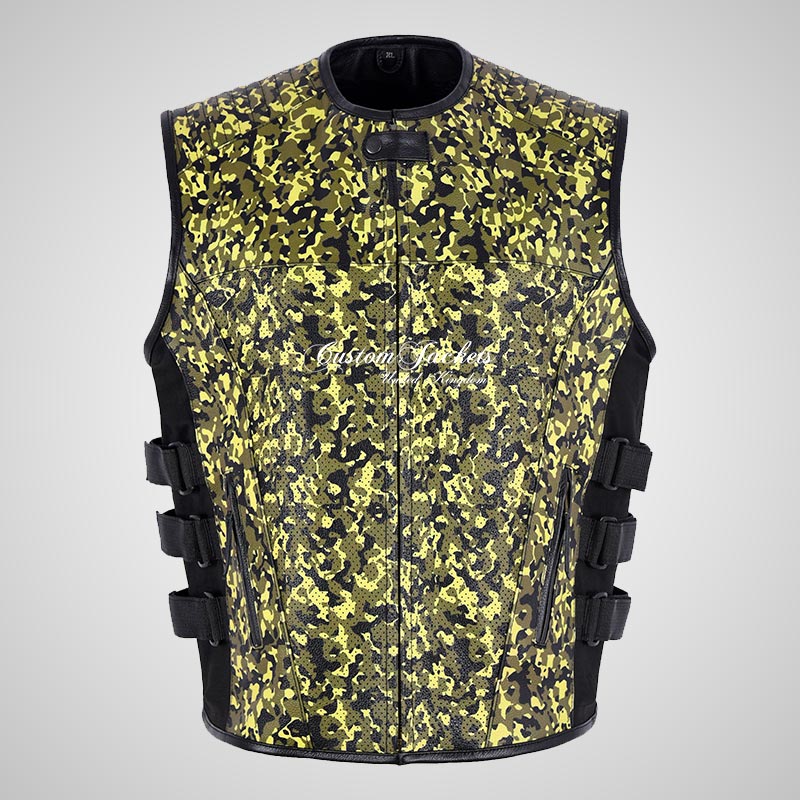 CAMOUFLAGE Print Perforated Leather Tactical Vest for Mens