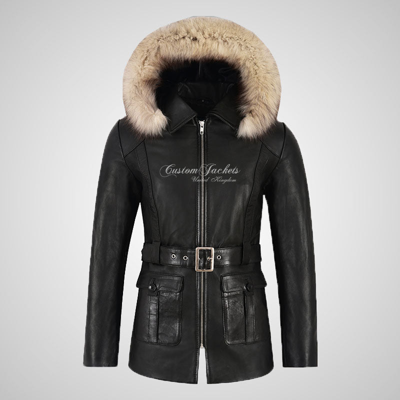 BARBORA Ladies Fur Hooded Leather Parka Jacket Black – Custom Jackets