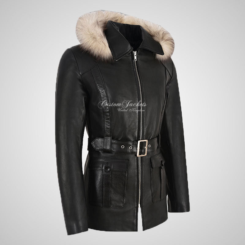 BARBORA Ladies Fur Hooded Leather Parka Jacket Black