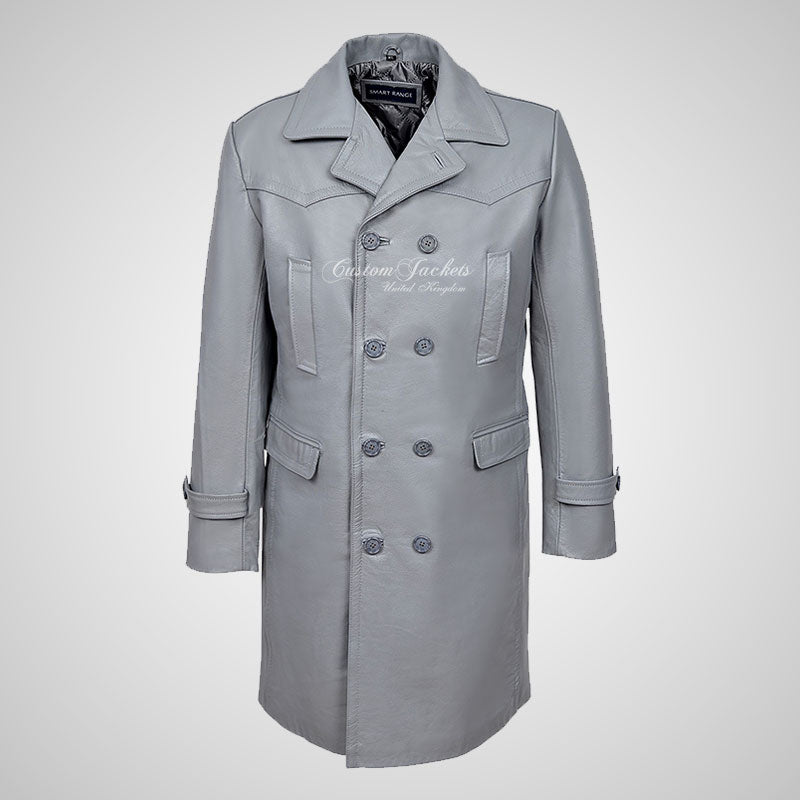 Copy of U-BOAT Double Breasted Long Military Style Leather Coat Grey