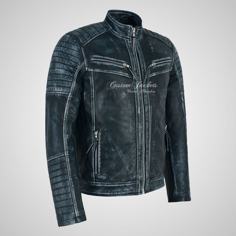 URIAH Mens Leather Biker Jacket Pre Distressed Waxed Leather