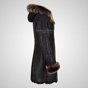 MARQUETTE Ladies Shearling Sheepskin Coat With Hood Long Haired Black