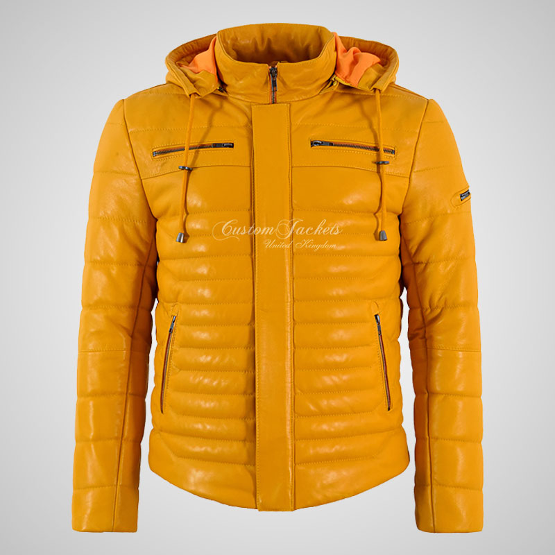 NEVIN Leather Detachable Hood Puffer Jacket For Mens