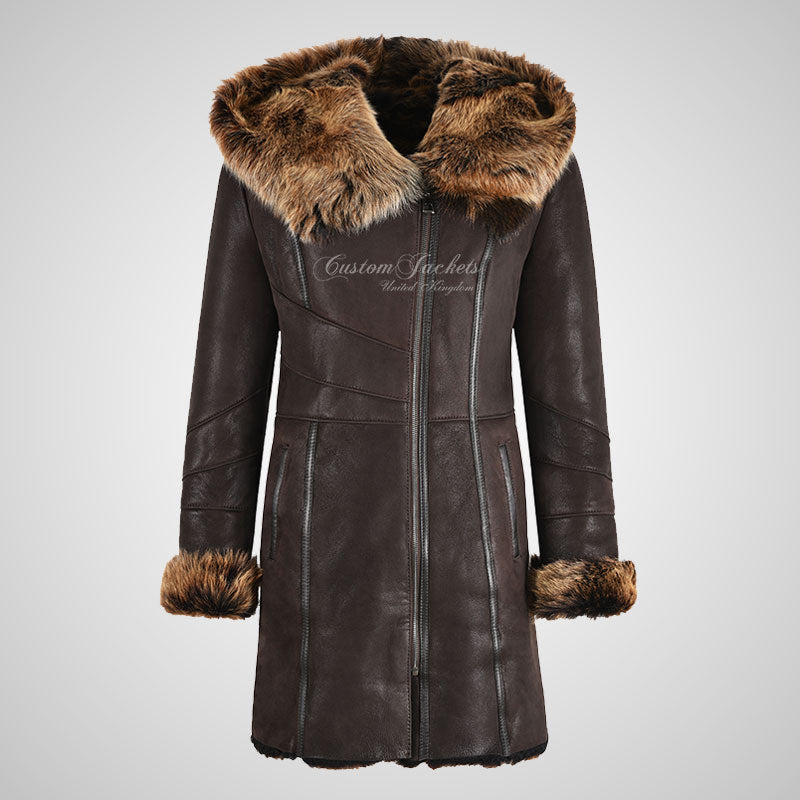 MARQUETTE Ladies Shearling Sheepskin Coat With Hood Long Haired Brown