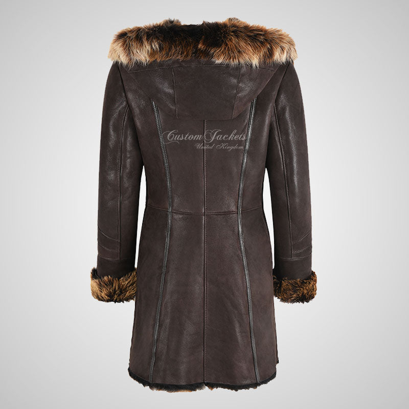 MARQUETTE Ladies Shearling Sheepskin Coat With Hood Long Haired Brown