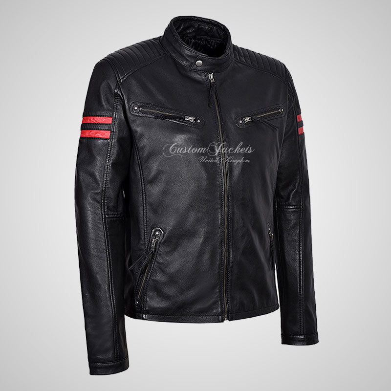 TITAN Men's Black Biker Leather Jacket with Red Stripes