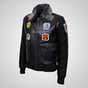 TOP GUN Men's Fur Collared Leather Bomber Jacket With Badges Black