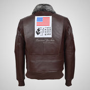 TOP GUN Men's Fur Collared Leather Bomber Jacket With Badges Brown