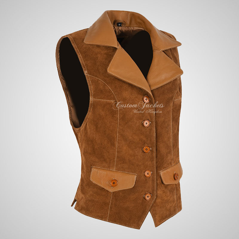 MABEL Ladies Suede Waistcoat Vest with Leather Collars