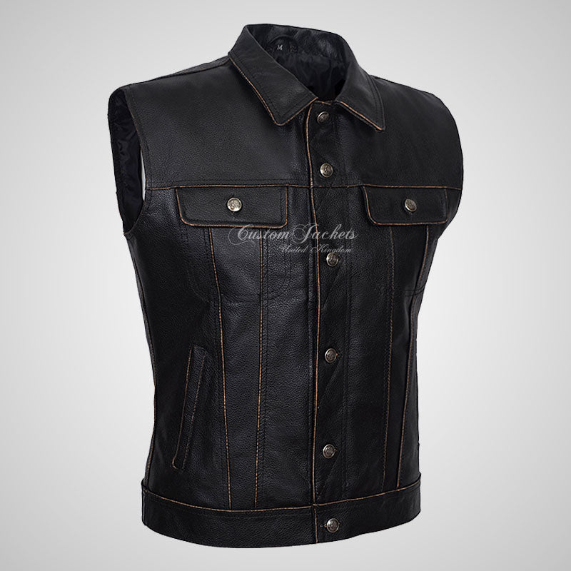 WEST Trucker Leather Gilet Vest Sleeveless Jacket Leather Waistcoat