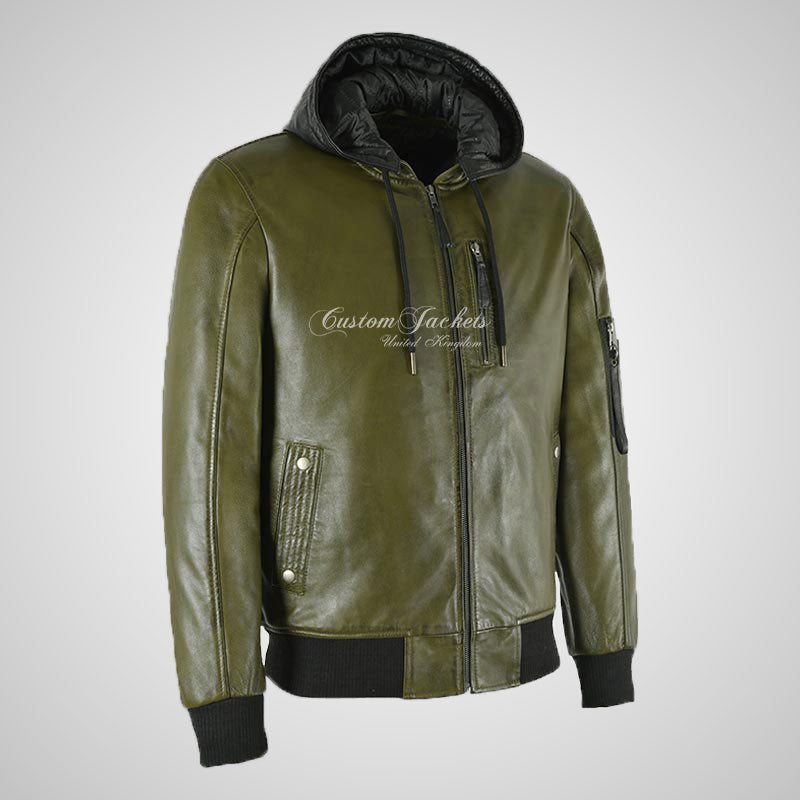 DI MARCO Mens Hooded Leather Jacket Removeable Hood Bomber Jacket Olive