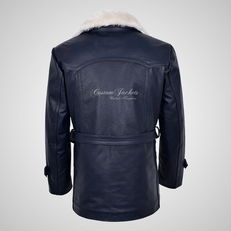 KRIEGSMARINE Mens Leather Pea Coat Fur Collar German Military Leather Jacket