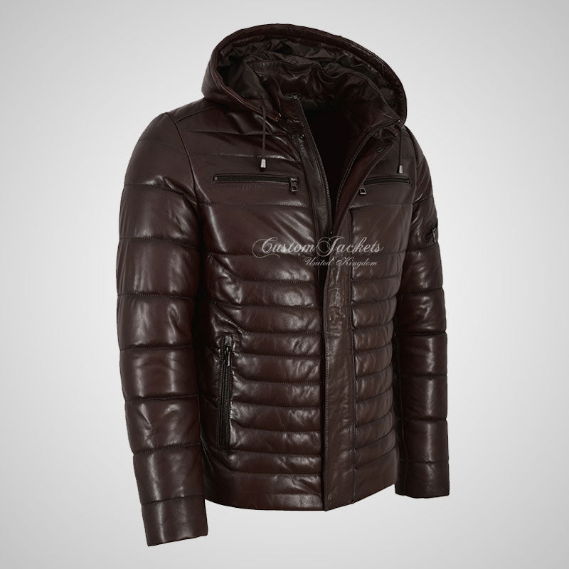 NEVIN Leather Detachable Hood Puffer Jacket For Mens