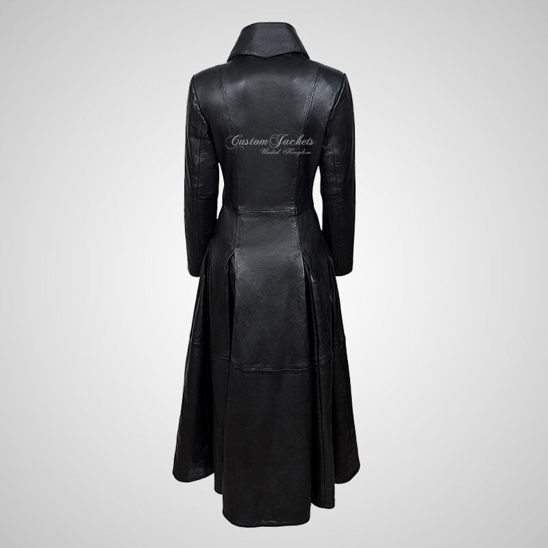 LILA Ladies Full Length Leather Flare Coat Black