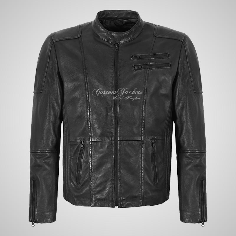 LINWOOD Black Leather Biker Jacket For Men