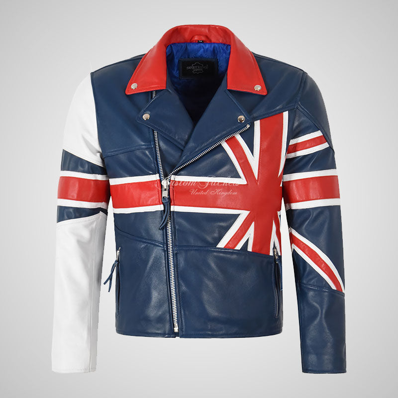 UNION JACK Men's Leather Biker Jacket in Blue – Custom Jackets