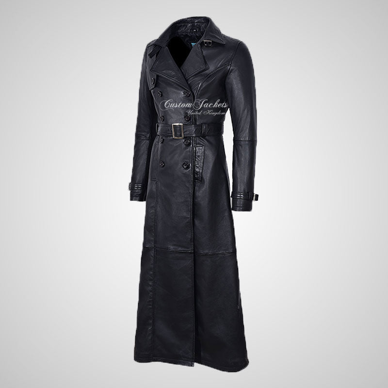 RAVEN Women Full Length Leather Trench Coat with Belt Black