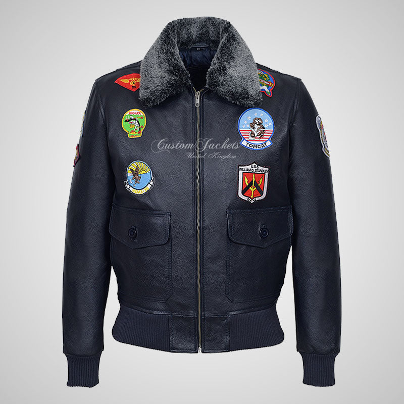 TOP GUN Men's Fur Collared Leather Bomber Jacket With Badges