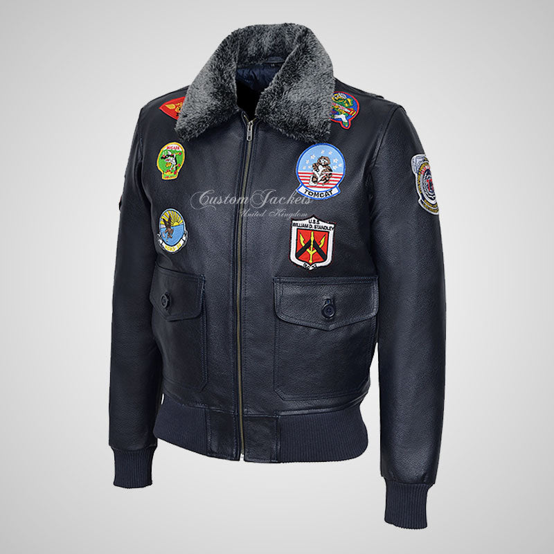 TOP GUN Men's Fur Collared Leather Bomber Jacket With Badges