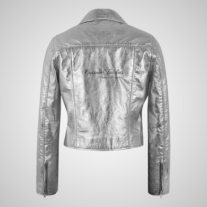 MASY Ladies Biker Leather Silver and Golden Fitted Real Leather Jacket