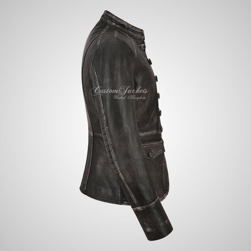 MILITARY Style Ladies Short Studded Leather Jacket Vintage Waxed Leather
