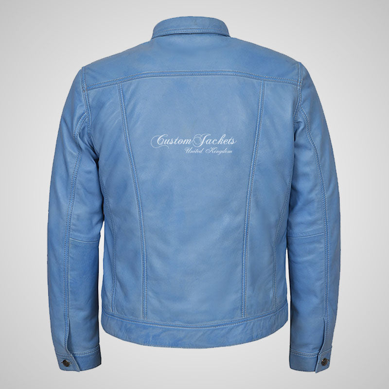 WEST Trucker Leather Jacket Denim Style Blue Waxed Shirt Jacket