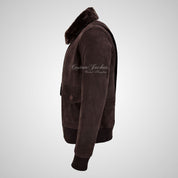 TOP GUN Men's Fur Collared Bomber Leather Jacket in Brown Nubuck Leather