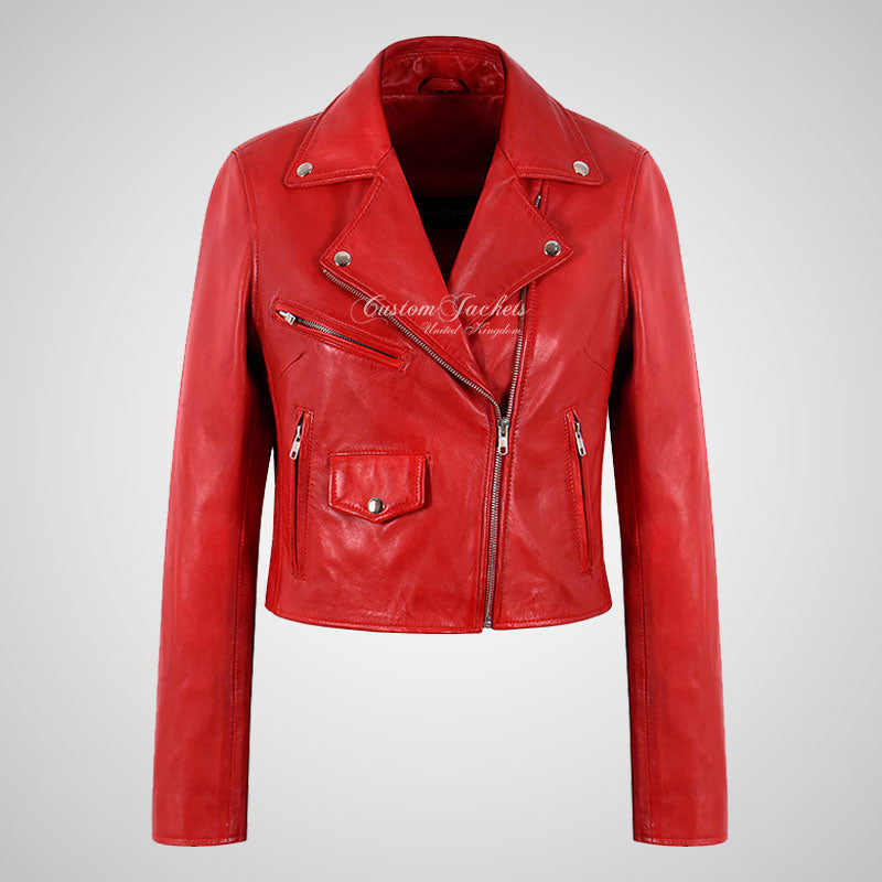MASY Ladies Biker Leather Red Fitted Real Leather Jacket