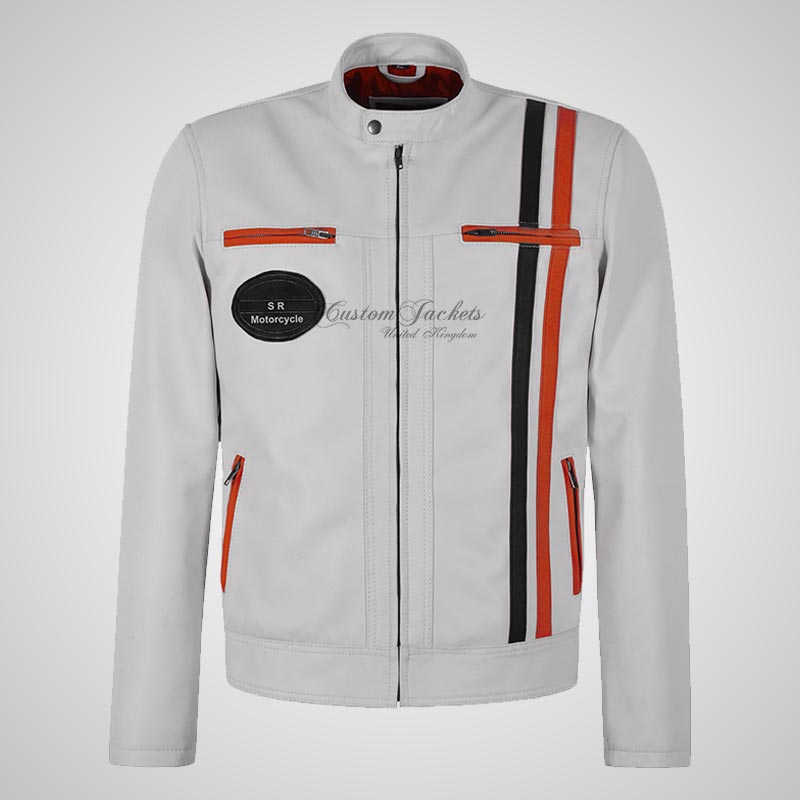 SMART RANGE Men's White Biker Leather Jacket