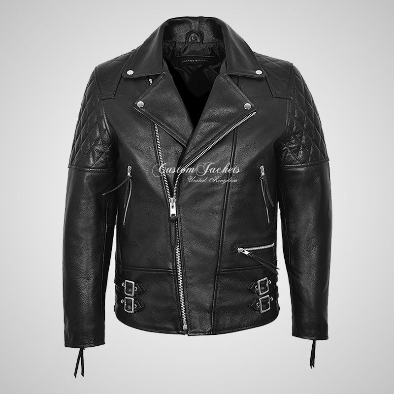 HIGHWAY Mens Leather Biker Jacket Thick Cowhide Leather Jacket