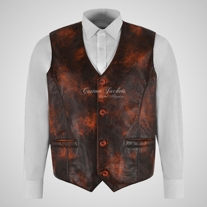YORK Men's Vintage Leather Waistcoat Soft Waxed Leather Vest