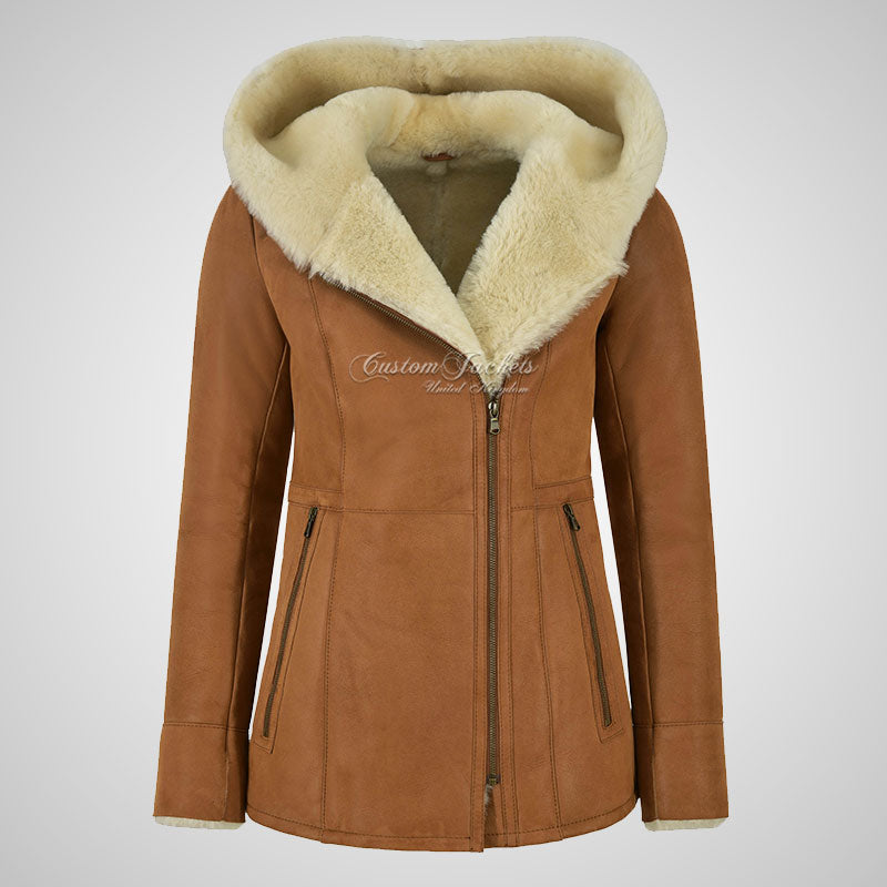 YAREN Ladies Tan Sheepskin Hooded Coat Shearling Fur Jacket