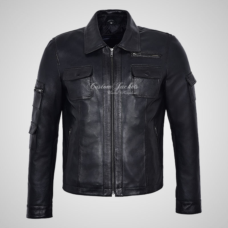 JADE Men's Classic Collared Leather Blouson Jacket Black