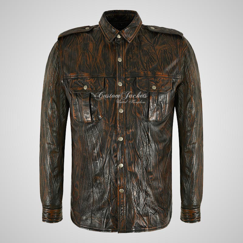 VANCE Men's Leather Shirt Style Jacket with Press Stud Button Fastening