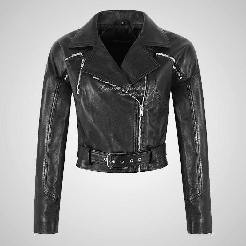 NELLA Ladies Cropped Biker Leather Jacket Black