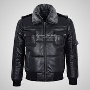 AERO Men Puffer Padded Bomber Leather Jacket with Fur Collar