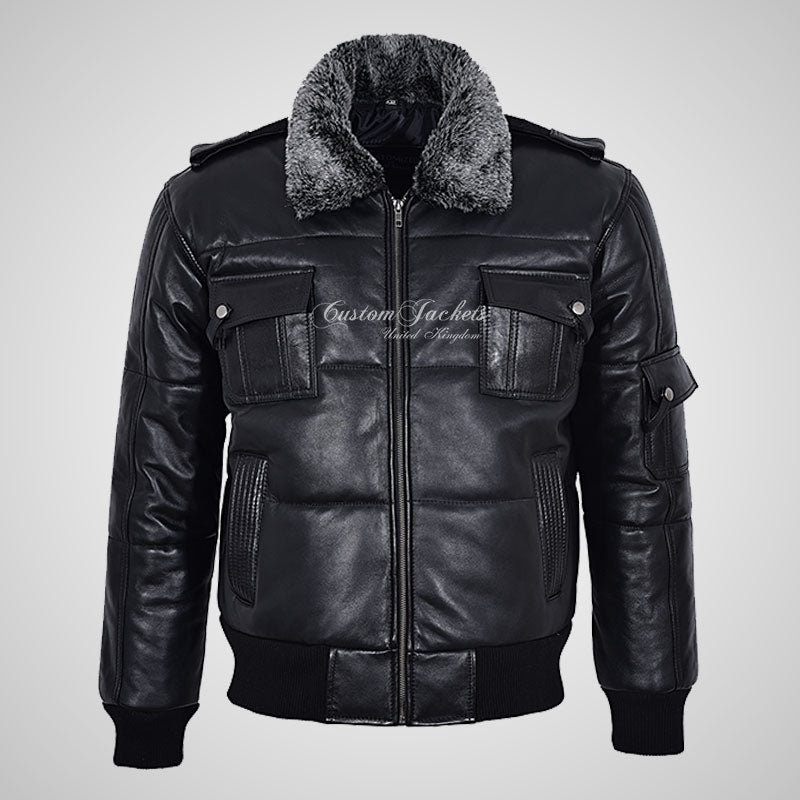 AERO Men Puffer Padded Bomber Leather Jacket with Fur Collar