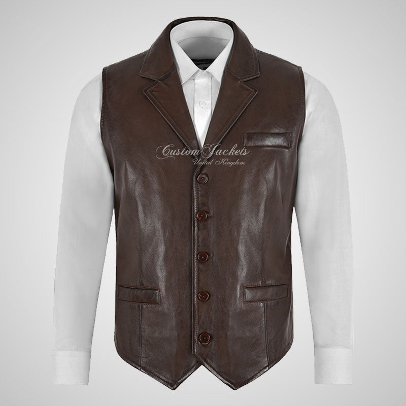 ALDON Notch Lapel Collar Leather Waistcoat For Mens