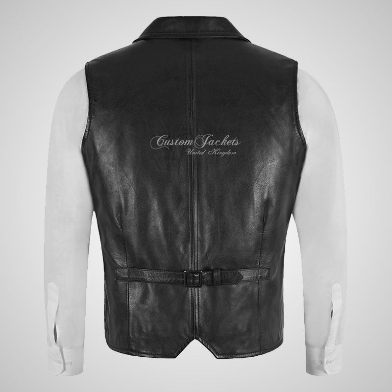 ALDON Notch Lapel Collar Leather Waistcoat For Mens
