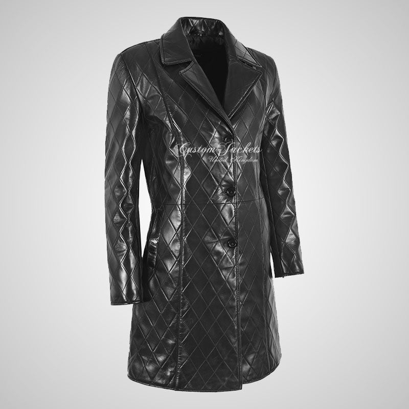 GRACE Quilted Leather Trench Coat For Women Black