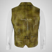 ALDON Notch Collar Croc Print Leather Waistcoat For Mens