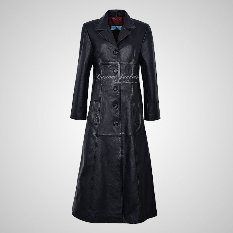 SECRET Ladies Black Leather Trench Coat Full Length Leather Coat