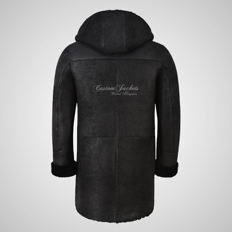 ANTONIO Men's Shearling Hooded Leather Coat Black Sheepskin Coat