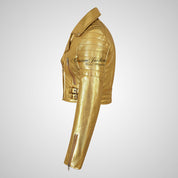 VOGUE Womens Leather Cropped Jacket Short Biker Jacket - Silver & Golden