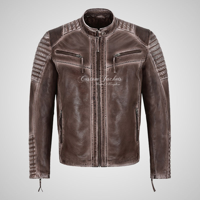 DISTRESSED BREW Mens Leather Biker Jacket Waxed Vintage Effect