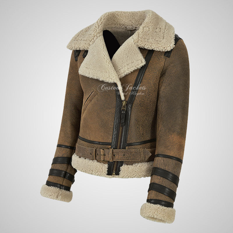 GEREN Women Shearling Jacket Vintage B3 Aviator Sheepskin Jacket