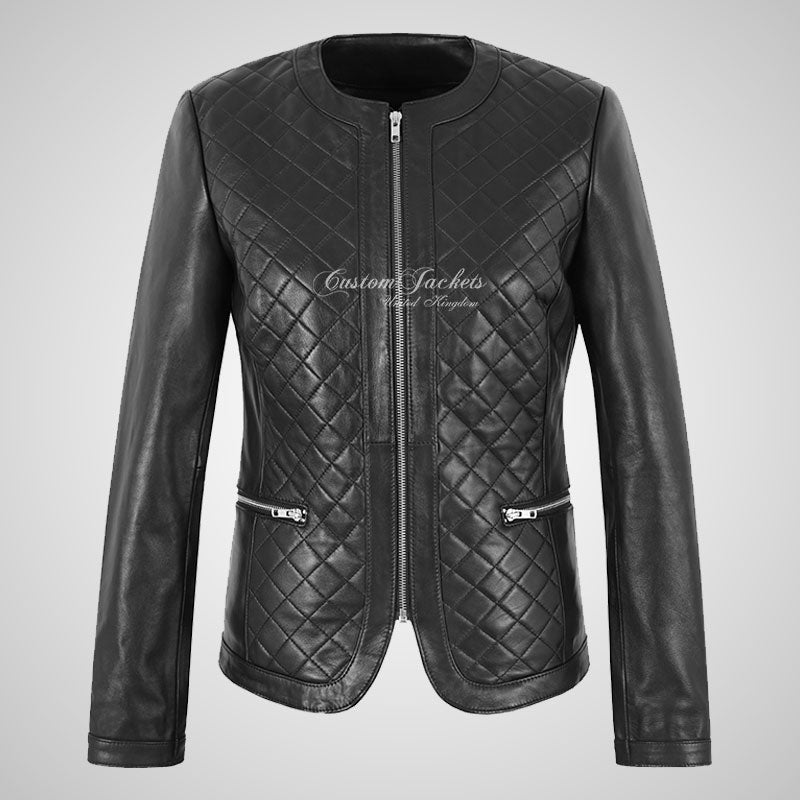 EMBERLY Women Collarless Leather Jacket Quilted Body